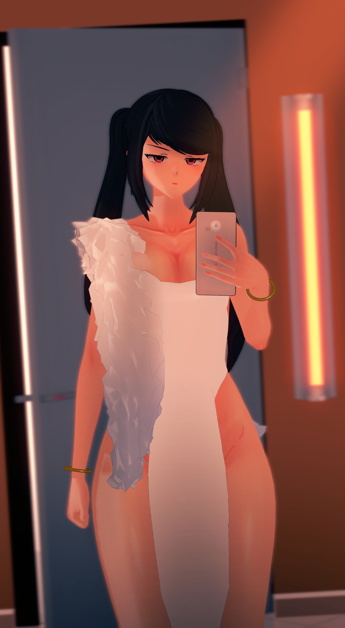 1girls 3d black_hair chinese_dress julianne_stingray koikatsu light-skinned_female light_skin long_hair looking_at_viewer mirror mirror_selfie mostly_clothed phone selfie solo solo_female solo_focus spiritofrei twintails va-11_hall-a