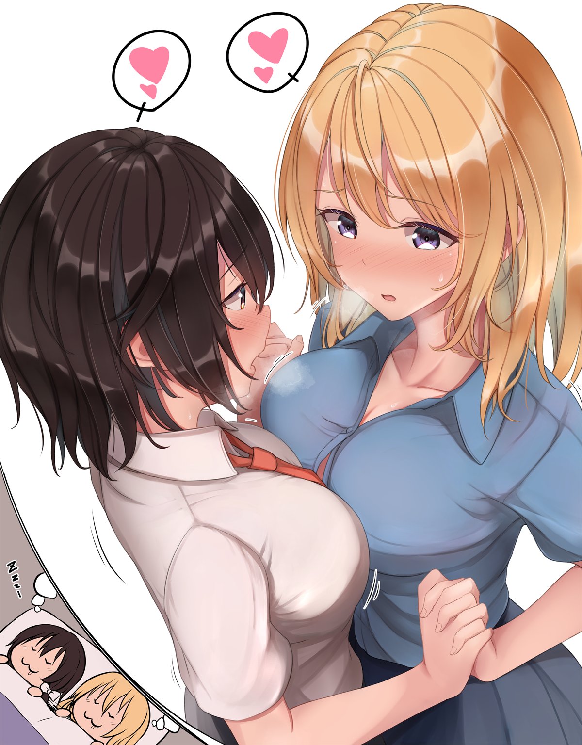 2girls :3 black_hair blonde_hair blue_shirt breast_press breasts closed_eyes commentary_request dreaming drooling eye_contact fumei_(mugendai) heart highres holding_hands interlocked_fingers jpeg large_breasts looking_at_another maribel_hearn multiple_girls necktie open_mouth purple_eyes red_neckwear renko_usami shirt short_hair simple_background sleeping spoken_heart symmetrical_docking teruyof touhou usami_renko white_background white_shirt yuri