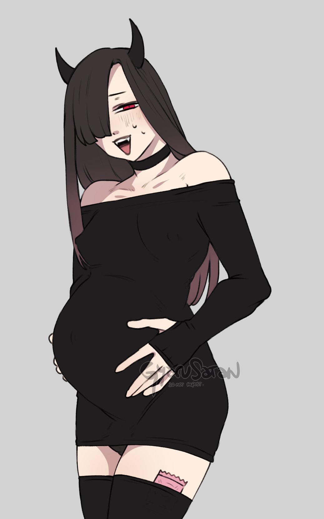 1boy black_hair black_thighhighs blush choker condom_in_thighhighs demon demon_boy demon_horns femboy girly grey_background gyarusatan hair_over_one_eye hi_res horns long_hair looking_at_viewer male male_only narrowed_eyes nipple_outline pregnant pregnant_male rainer_(gyarusatan) red_eyes smiling smiling_at_viewer solo thighhighs