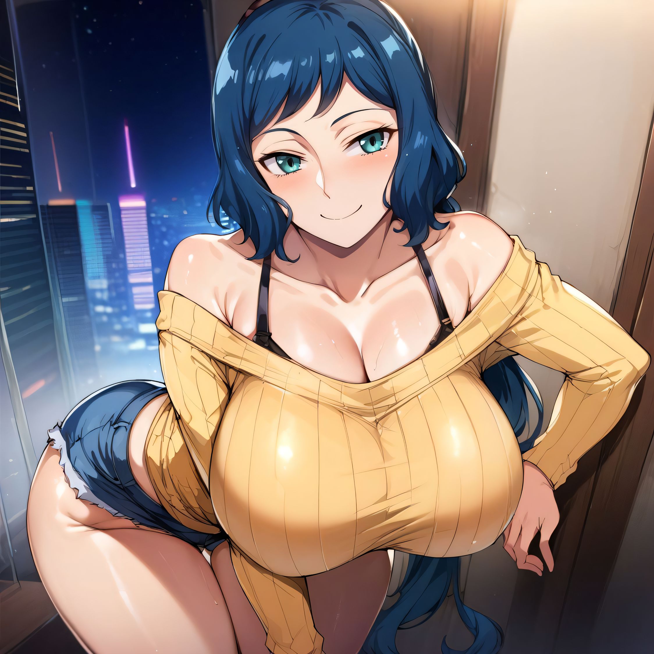 1girls, ai generated, alternate breast size, big breasts, breasts, busty, curvaceous, curvy, curvy body, curvy female, curvy figure, female, gundam build fighters, huge breasts, iori rinko, large breasts, nipples, off shoulder, sweat, sweating, sweaty, sweaty body, sweaty breasts, thick thighs, thighs, venus body