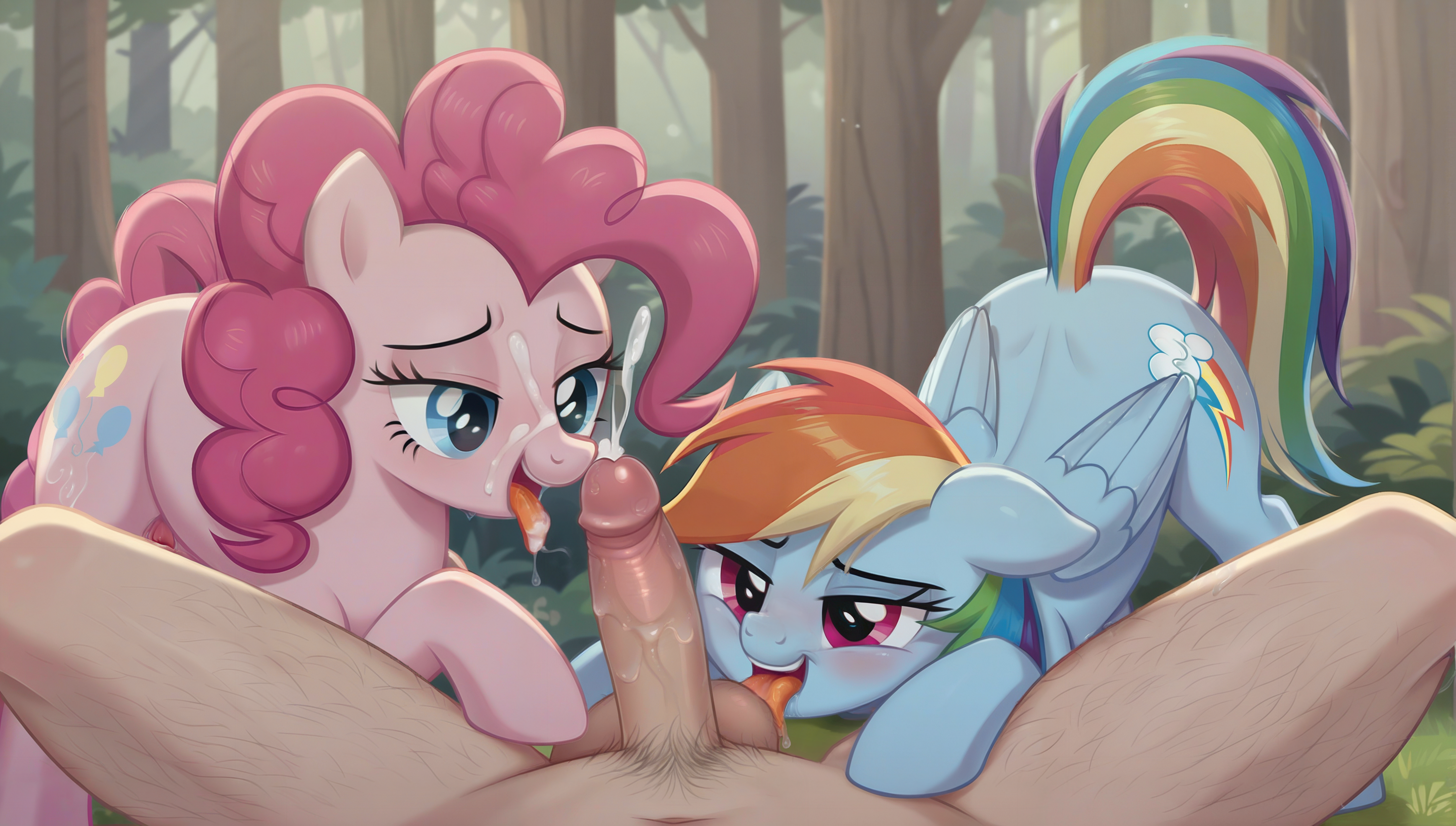 ai generated, blue eyes, earth pony, equid, equine, erection, female, feral, friendship is magic, horse, human, human on feral, interspecies, male, my little pony, pegasus, penis, pink eyes, pinkie pie (mlp), pony, pov, rainbow dash (mlp), zoophilia