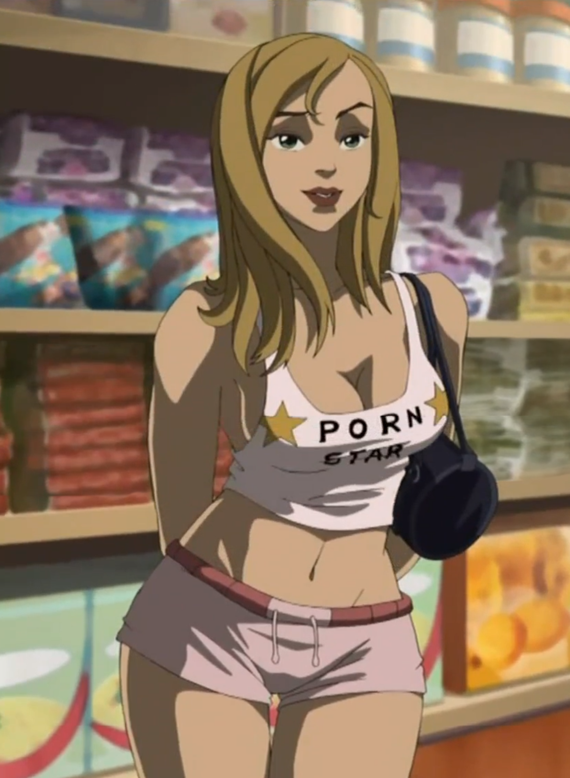 1girls, blonde hair, breasts, cleavage, cristal (the boondocks), crop top, female, female only, grocery store, hands behind back, lipstick, long hair, midriff, navel, purse, redbone, screencap, short shorts, shorts, sleeveless, sleeveless shirt, smile, solo, stitched, store, tank top, the boondocks