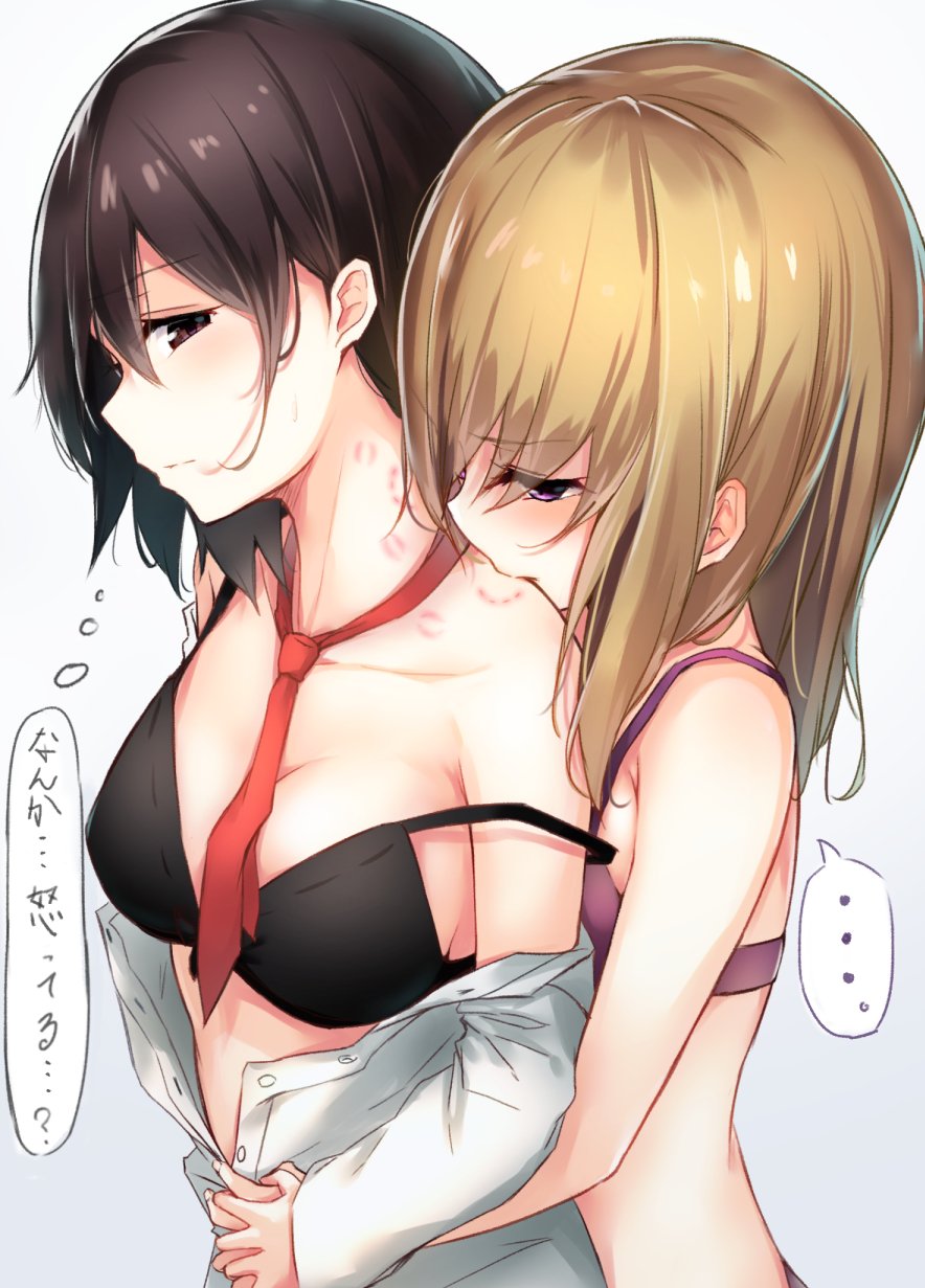 ... 2girls black_bra blonde_hair blue_background borushichi bra breasts brown_eyes brown_hair cleavage commentary_request gradient_background half-closed_eyes hickey highres hug hug_from_behind large_breasts long_hair long_sleeves maribel_hearn multiple_girls necktie purple_bra purple_eyes red_neckwear renko_usami shirt spoken_ellipsis tareme touhou translation_request unbuttoned unbuttoned_shirt underwear underwear_only upper_body usami_renko white_background white_shirt yuri