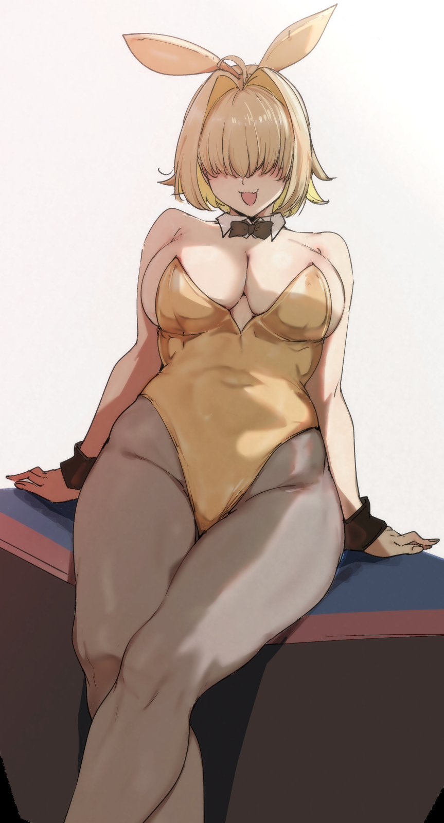 bowtie, breasts, bunny ears, bunny girl, bunnysuit, detached collar, elegg (nikke), female, goddess of victory: nikke, hair covering eyes, hair over eyes, huge breasts, leotard, pantyhose, playboy bunny, solo, tagme, wrist cuffs