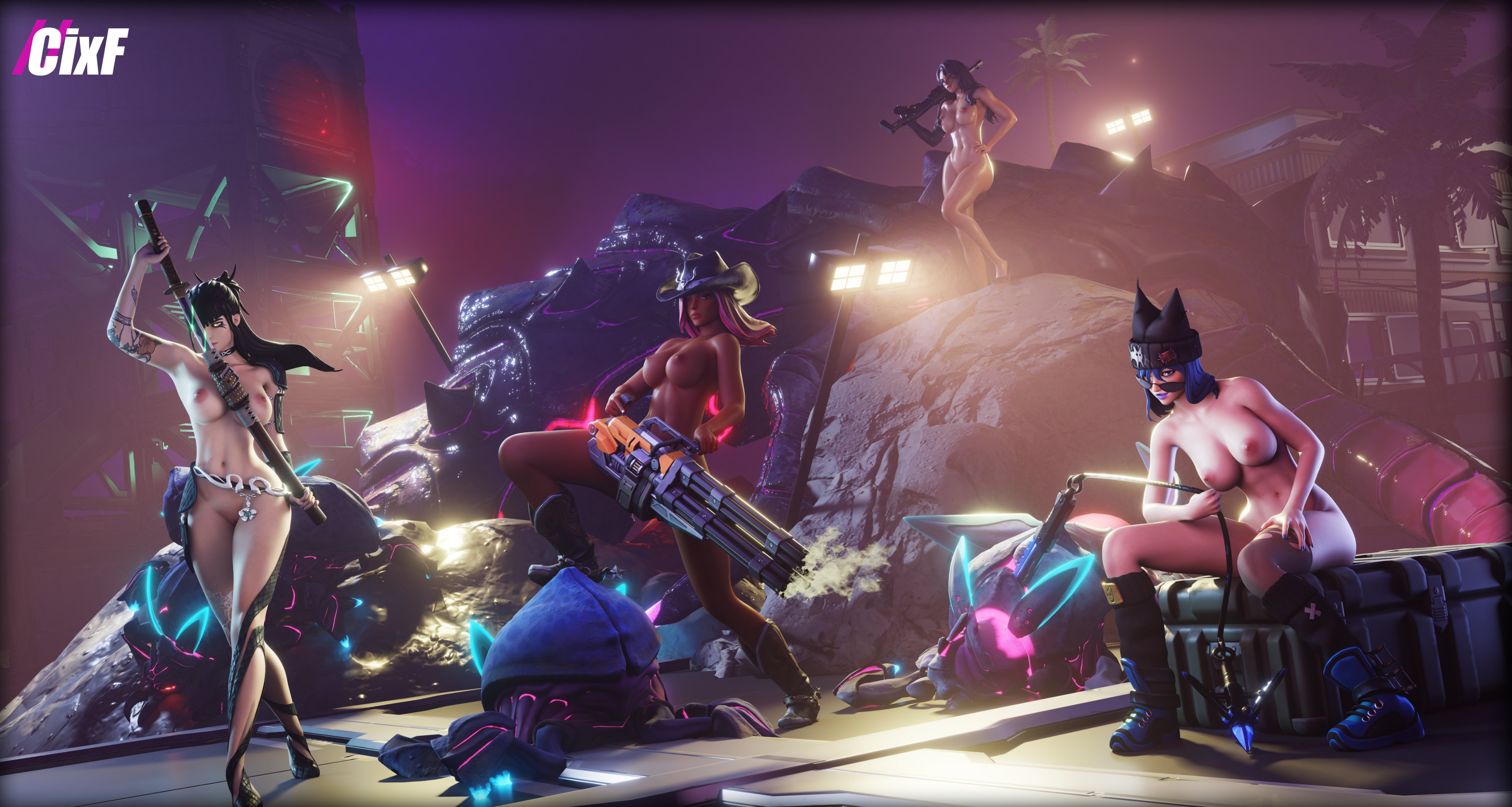 2025, 3d, 3d (artwork), 3d background, 3d model, 4girls, after fight, artist name, black hair, black sunglasses, blue hair, blue shoes, boots, bottomless, breasts, breasts out, bug, calamity (fortnite), charlotte (fortnite), choker, cixf, cowboy hat, cowgirl, cowgirl hat, dark-skinned female, epic games, female, female focus, female only, fortnite, fortnite: battle royale, gradient hair, grappling hook, hair bun, hairbun, hat, heels, hi res, hime cut, hope (fortnite), katana, light-skinned female, long hair, minigun, multiple females, multiple girls, naked footwear, necklace, night, nipples, no bra, no panties, nude, nude female, onyx winter (fortnite), orange eyes, outdoors, palm tree, pink hair, pose, posing, pussy, shaved pussy, shoes, shoes only, shoulder armor, sitting, slayer charlotte (fortnite), spas-12, sunglasses, tattoo, tattooed arm, thigh armor, topless, two-tone hair, video game character, video games, violet hair, watermark, weapon, x redeyes