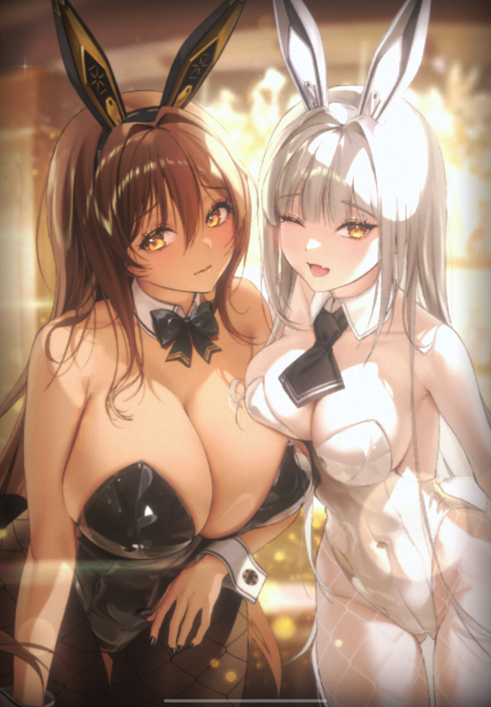 2girls, ass visible through thighs, blanc (nikke), breasts, brown hair, bunny ears, bunnysuit, cleavage, dark skin, dark-skinned female, female, female only, fishnets, game cg, goddess of victory: nikke, huge breasts, light skin, light-skinned female, long hair, noir (nikke), official art, one eye closed, open mouth, thick thighs, thigh gap, white hair, wide hips, yellow eyes