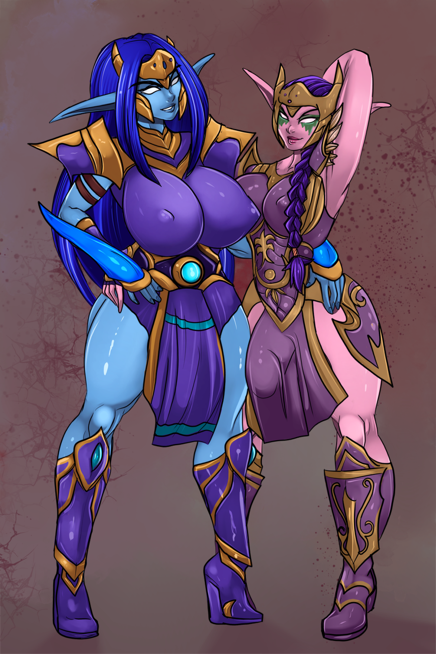 2futas alyndri_starbreeze armor balls big_breasts blue_hair blue_skin breasts clothed clothing duo flaccid full_body fully_clothed futa_only futanari huge_breasts huge_cock humanoid incest long_hair night_elf nithindi_starbreeze no_pupils penis pink_skin sisters standing world_of_warcraft