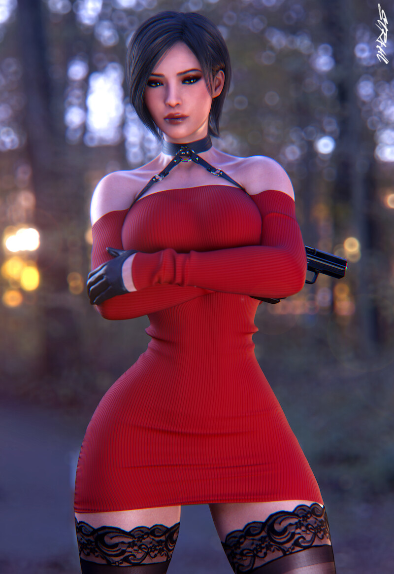1girls 3d 3d_(artwork) ada_wong asian asian_female breasts choker detailed_background dress female female_focus female_only gloves looking_at_viewer pistol red_dress resident_evil resident_evil_2 resident_evil_2_remake solo solo_female solo_focus str4hl thighhighs thighs wide_hips