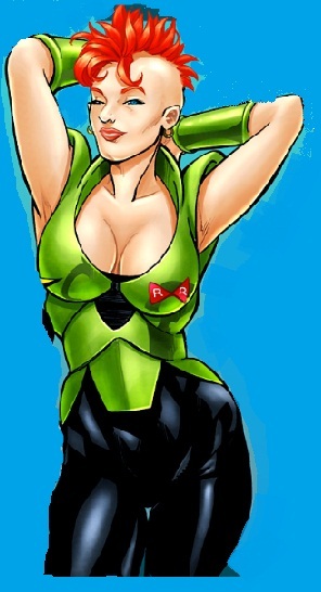 android_16 armor armpits blue_background breasts cleavage clothes color dragon_ball dragon_ball_z female female_only front_view hair hands_behind_head hips hoop_earrings large_breasts mohawk pale_skin pose red_hair round_ears rule_63 short_hair simple_background skin_tight solo