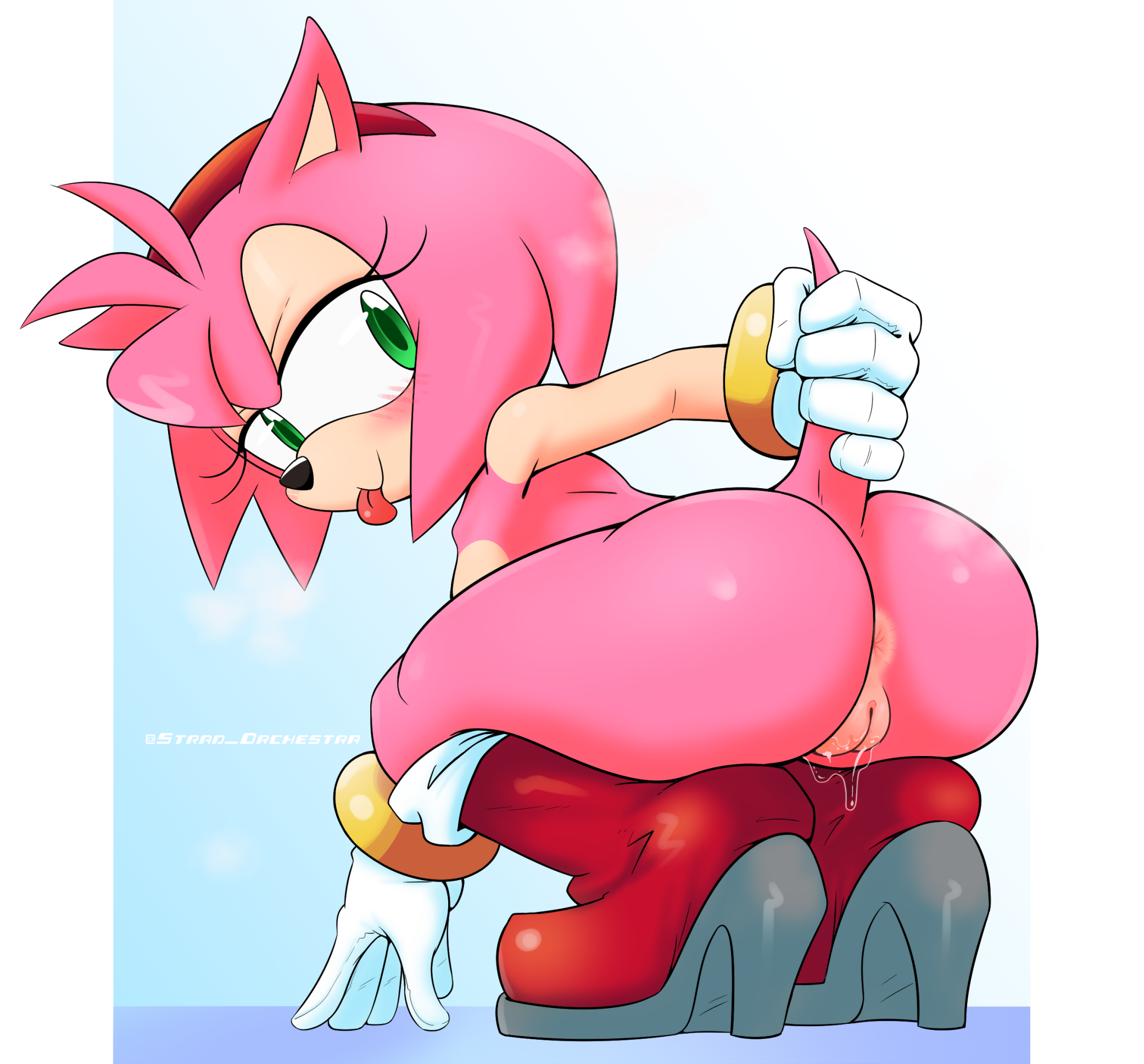 1girls, amy rose, anthro, blush, boots, boots only, breasts, completely nude, dripping, exposed torso, female, footwear, furry, gloves, green eyes, handwear, happy, hedgehog, high heel boots, looking at viewer, mammal, naked footwear, nude, pink fur, pink hair, presenting, presenting pussy, pussy, sega, small breasts, smile, solo, sonic (series), squatting, stradivarius, tail grab, tail lift, tongue, tongue out, vaginal juices