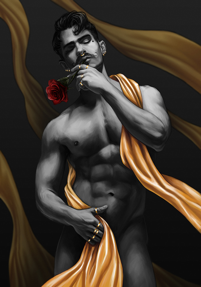 1boy abs bara beauty_mark biceps black_hair closed_eyes dark_hair dorian_pavus dragon_age dragon_age_inquisition ear_piercing earrings facial_hair gay_male human human_only jewelry mage male male_only mole moustache muscles muscular muscular_male naked naked_male nipples no_visible_genitalia nose_piercing nude nude_male pecs piercing ring rings rose_(flower) scarf silk_scarf solo solo_male standing standing_position video_games xla-hainex