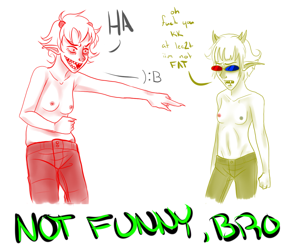 2girls :( breasts chubby dialogue female glasses homestuck horns karkat_vantas laughing ms_paint_adventures multiple_girls nipples no_shirt pants pointy_ears rule_63 sharp_teeth short_hair sollux_captor text topless troll white_background white_hair white_skin