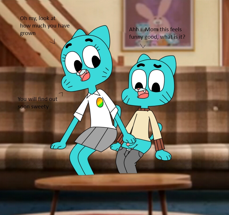 1boy 1boy1girl 1girls anthro anthro_on_anthro anthro_only balls blue_body blue_fur blue_skin bpq00x cartoon_network dialogue english english_dialogue english_text female fur gumball_watterson incest male milf mother_and_child mother_and_son nicole_watterson no_humans penis straight_hair tagme testicles text the_amazing_world_of_gumball