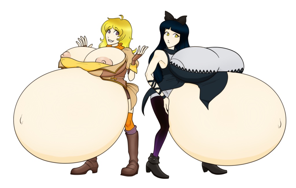 belly big_belly black_hair blake_belladonna blonde_hair bow cat_ears clothed clothing duo eyes female human nipples pregnant ready_to_pop riddleaugust rwby yang_xiao_long