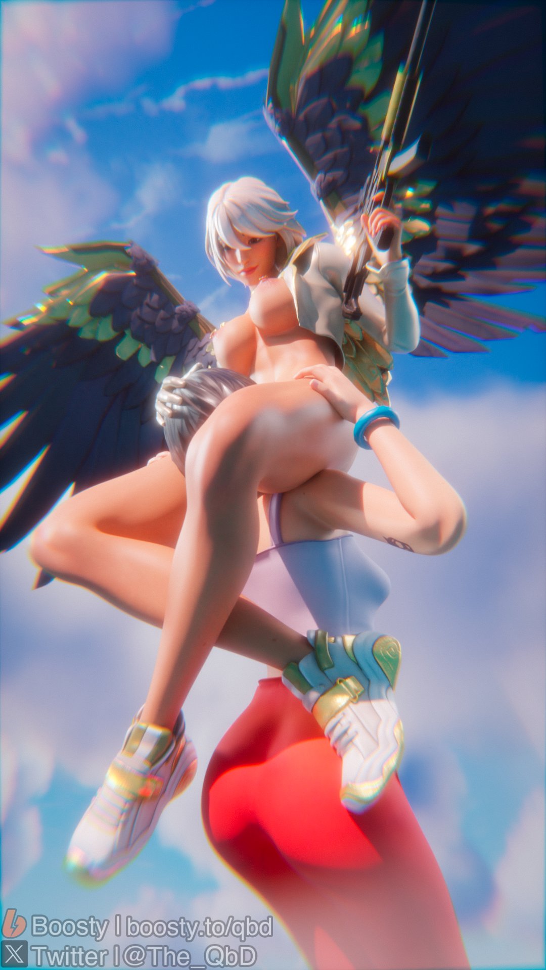 2girls 3d aphrodite_(fortnite) big_breasts bracelet breasts breasts_out clothed clothed_female clothing completely_nude completely_nude_female cunnilingus dark-skinned_female dark_skin deity eating_pussy evie_(fortnite) female female_only flying_sex fortnite fully_clothed fully_clothed_female gloves gun holding_head interracial interracial_yuri jacket jacket_open looking_down looking_down_at_partner nipple_piercing nude nude_female public_domain shiny shiny_skin tank_top tattoo tattoos the_qbd wings yuri