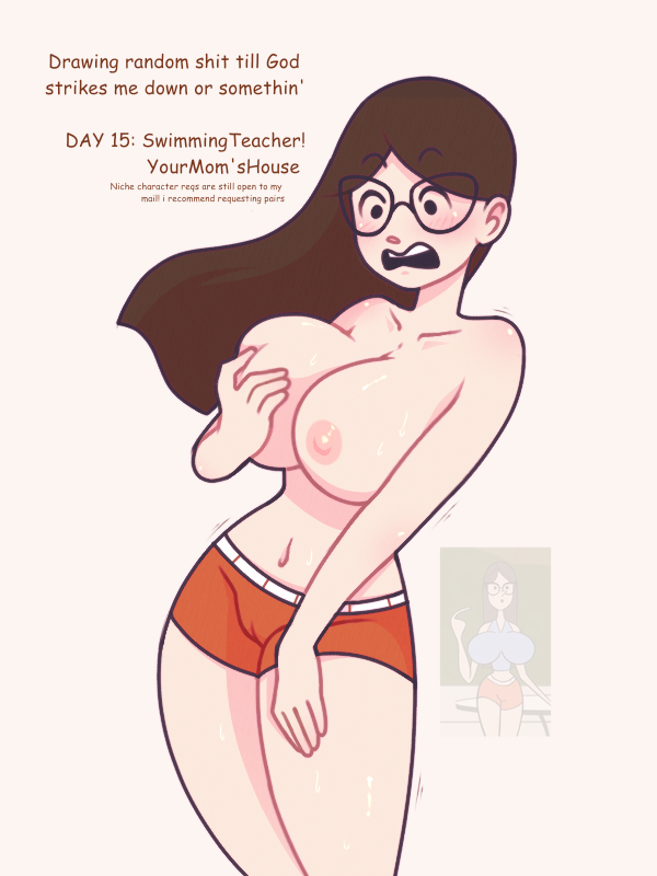 brown_hair covered_nipples embarrassed glasses large_breasts light_skin long_hair queensashes request self_upload simple_eyes straight_hair swimming_teacher_(your_mom_'s_house-swim_lessons) topless your_mom's_house