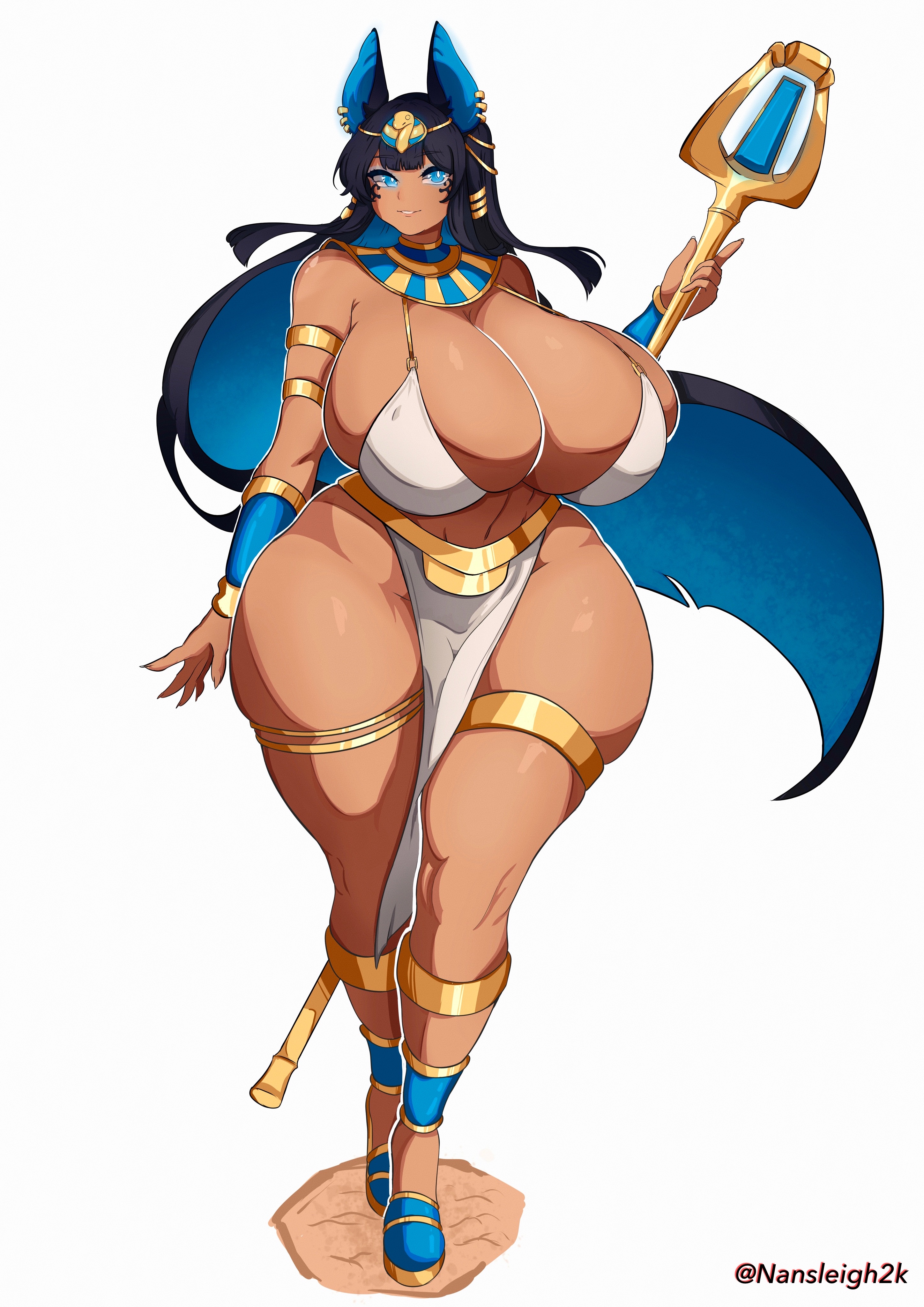ass, big ass, big breasts, blue eyes, blunt bangs, breasts, cleavage, curvaceous, curvy, egyptian, egyptian clothes, female, huge ass, huge breasts, jewelry, large ass, large breasts, larger female, nansleigh2k, pharaoh, self upload, staff, thick, thick thighs, wide hips