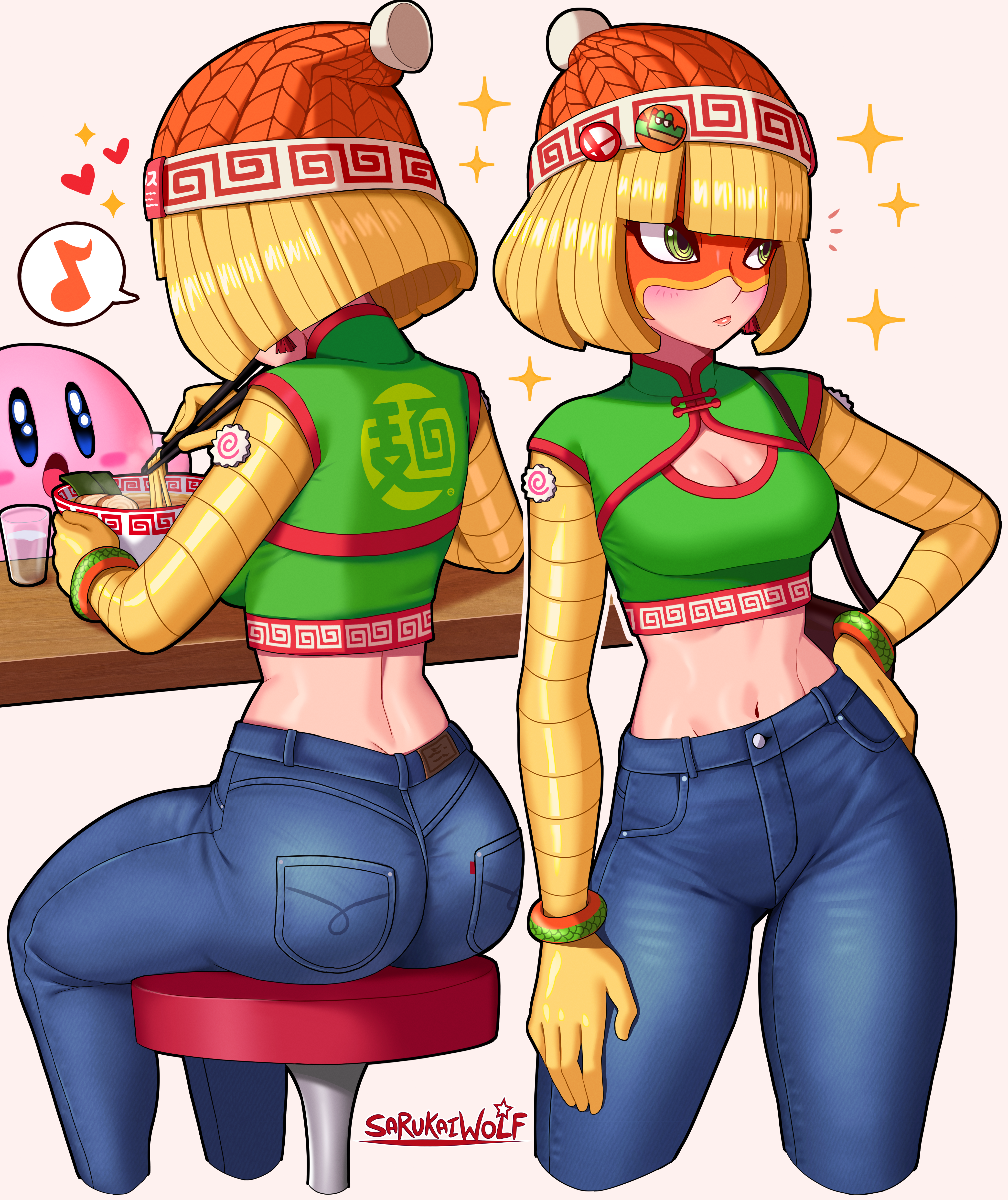 1girls, absurd res, arms (game), ass, beanie, blonde hair, breasts, cleavage, female, hand on hip, hat, headwear, jeans, kirby, kirby (series), midriff, min min (arms), nintendo, sarukaiwolf, short hair, sitting, solo focus, standing, tight jeans, wide hips