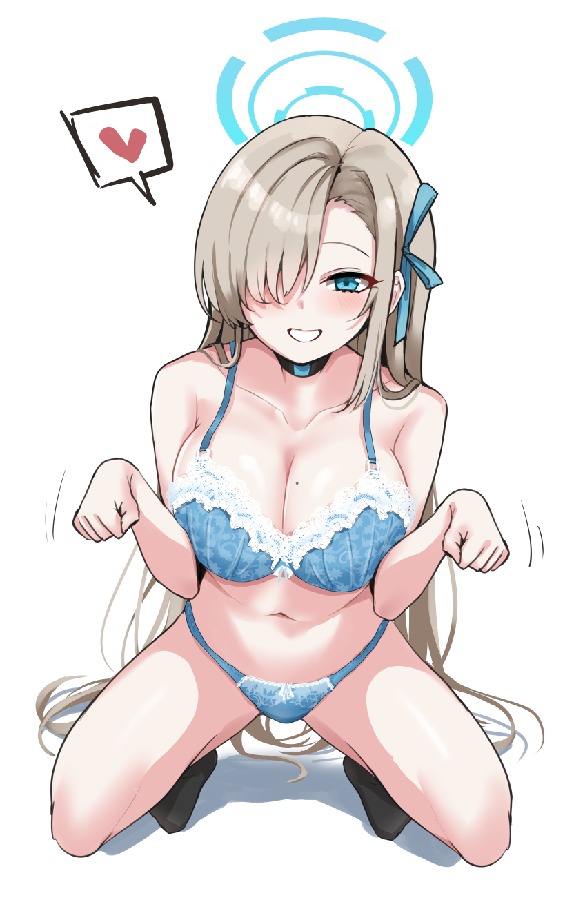 asuna_(blue_archive) black_choker black_socks blue_archive blue_bra blue_eyes blue_halo blue_panties blue_ribbon blush bow bow_bra bow_panties bra breasts choker cleavage commentary_request female full_body grin hair_over_one_eye hair_ribbon halo heart highres large_breasts light_brown_hair long_hair looking_at_viewer mole mole_on_breast navel no_shoes paid_reward_available panties ribbon rumiya9i simple_background smile socks solo spoken_heart squatting underwear underwear_only variant_set very_long_hair white_background