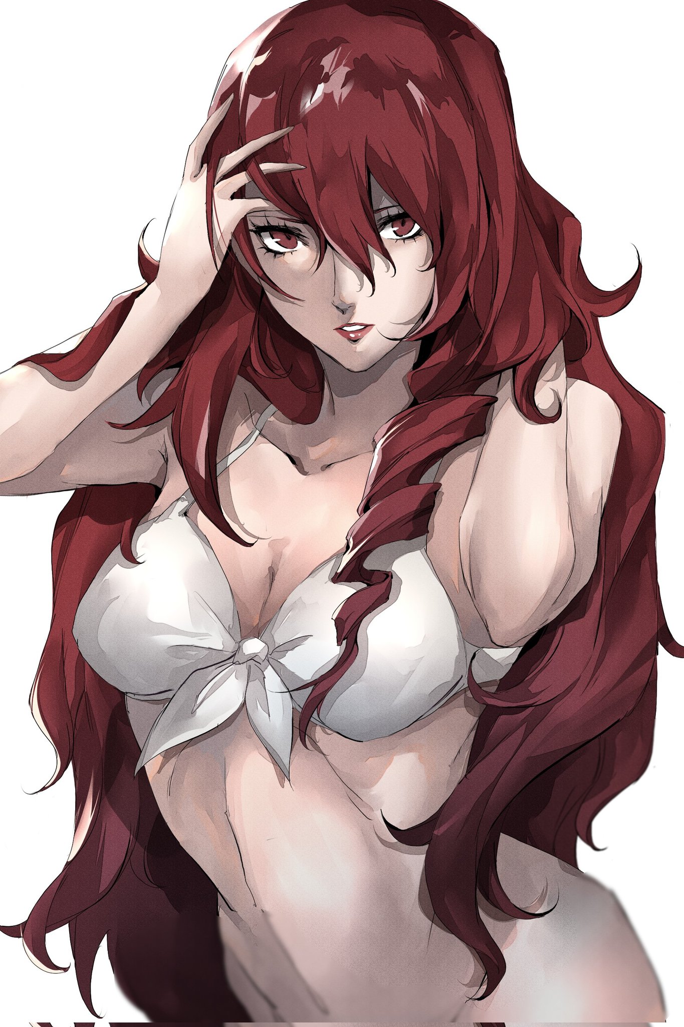 1girls, bare shoulders, bikini, bikini top only, breasts, collarbone, commentary, drill hair, eyelashes, female, female only, hair between eyes, hand in own hair, highres, long eyelashes, long hair, looking at viewer, lvvlilvvl, mitsuru kirijo, mitsuru kirijo (swimsuit), parted lips, persona, persona 3, persona 3 reload, pertex 777, pink lips, red eyes, red hair, simple background, sketch, solo, swimsuit, teeth, upper body, white background, white bikini