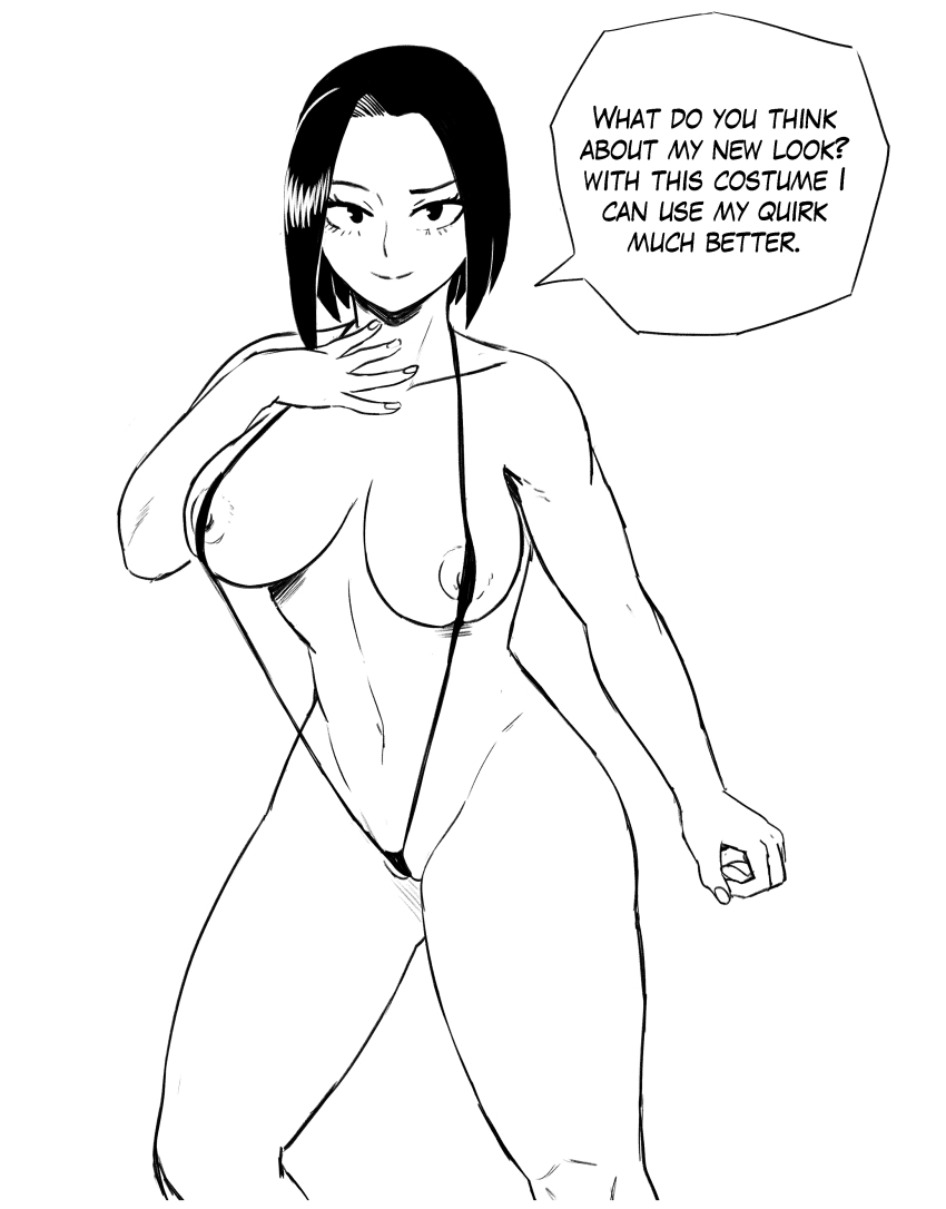 alternate hairstyle, boku no hero academia, breasts, collarbone, english text, female, highres, large breasts, looking at viewer, mfuncen, momo yaoyorozu, monochrome, my hero academia, navel, nipples, short hair, sketch, slingshot swimsuit, smile, solo, speech bubble, stomach, swimsuit, thighs, white background