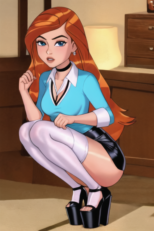 1girls, ai generated, ben 10, ben 10 alien force, choker, female, female only, gwen tennyson, gwen tennyson (alien force), platform heels, short skirt, solo, stockings, thighhighs