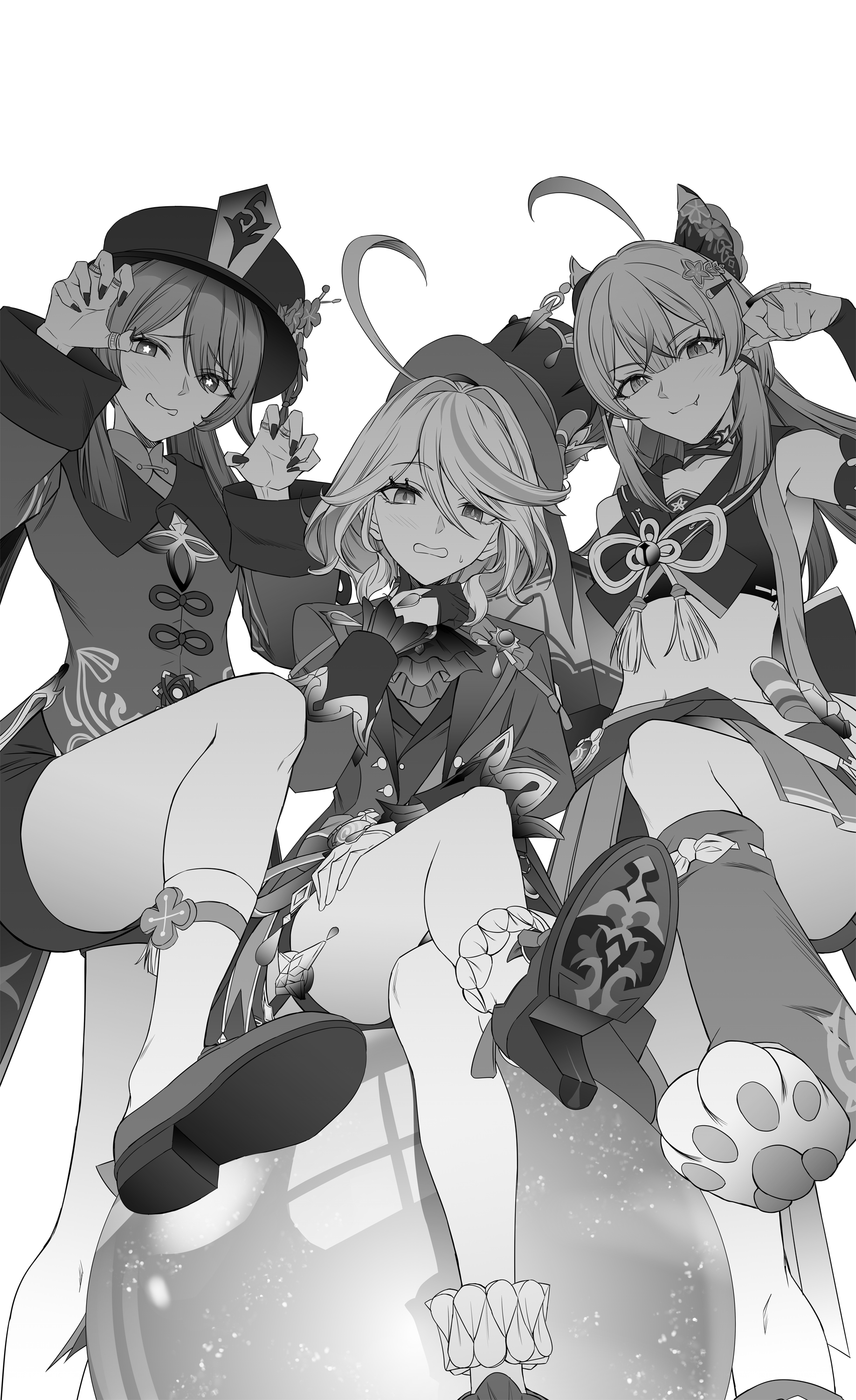 3girls, ahoge, animal ears, bare shoulders, black nails, blush, bottom heavy, breasts, cat ears, cat girl, catgirl, clothed, clothing, crossed legs, detached sleeves, dominant female, feet, female, female only, femdom, foot focus, from below, furina (genshin impact), genshin impact, gloves, hair, hair between eyes, hair ornament, hairclip, hat, hu tao (genshin impact), jacket, jewelry, kirara (genshin impact), leg up, legwear, long hair, looking at viewer, miniskirt, monochrome, multiple females, multiple girls, one leg up, paws, pleated skirt, ring, shirt, shoes, short shorts, shorts, sidelocks, simple background, sitting, skirt, small breasts, smile, smug, socks, standing, standing on one leg, sweatdrop, symbol-shaped pupils, takai isshiki, thick thighs, thighs, twintails, white background, wide hips