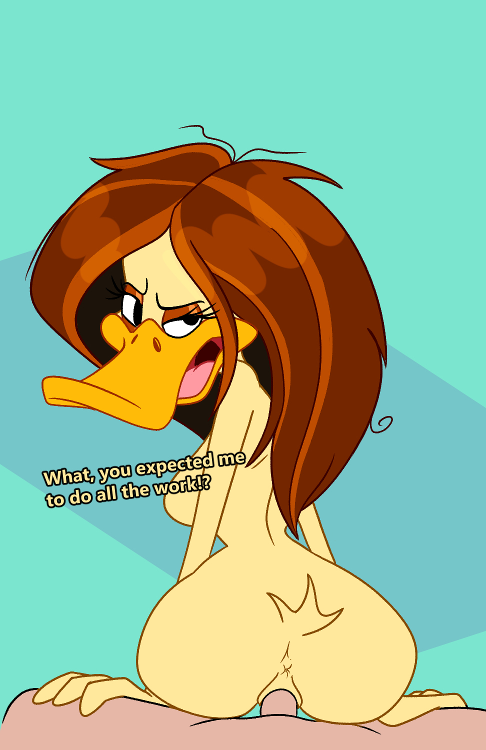 2024 anatid anseriform anthro anus arched_eyebrow avian beak big_breasts bird breasts breasts_from_behind brown_hair cartoon_network dialogue digital_drawing_(artwork) digital_media_(artwork) duck duo eyelashes eyeshadow female hair hi_res human human_on_anthro impstripe interspecies long_hair looking_at_viewer looking_back looney_tunes makeup male male/female mammal non-mammal_breasts penetration shaved_crotch simple_background tagme tail tan_body the_looney_tunes_show tina_russo vaginal_penetration warner_brothers