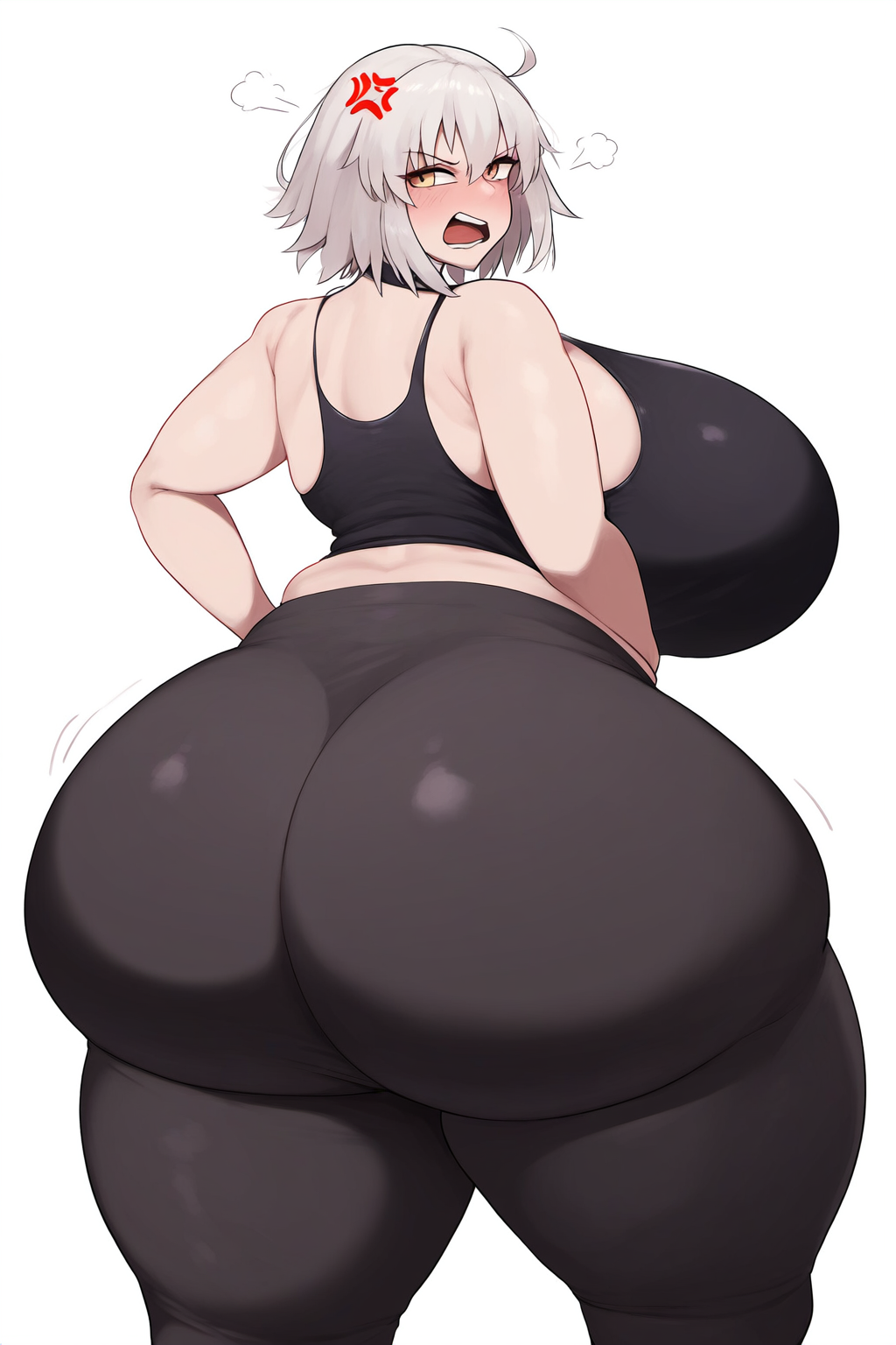 1girls, ai generated, angry, ass, ass focus, big ass, big breasts, big butt, breasts, fat ass, fate (series), fate/grand order, female, female only, goldencum34, huge ass, huge breasts, jeanne alter, leggings, light skin, light-skinned female, solo, tank top, tsundere, yelling