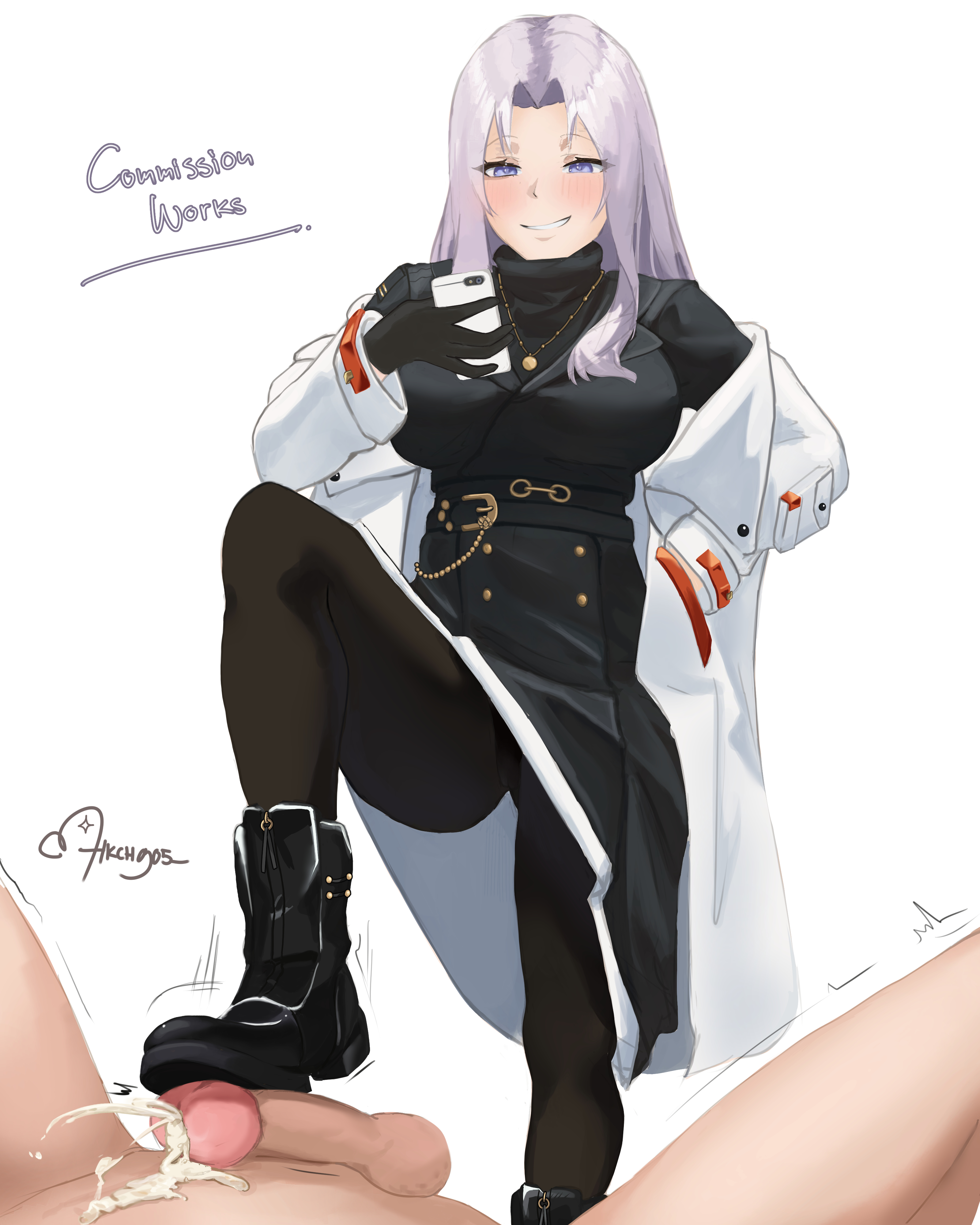 1boy, 1girls, artist name, artist signature, azur lane, balls, black dress, black footwear, black gloves, blue eyes, blush, boot fetish, bootjob, boots, breasts, cellphone, closed eyes, clothed female nude male, coat, cum, cum on body, dress, eagle union (azur lane), ejaculation, erection, female, femdom, footjob, gloves, grey hair, grin, hair intakes, hand in pocket, hkch905 (hikacchi), holding, holding phone, large breasts, light skin, light-skinned female, light-skinned male, long hair, long sleeves, male, malesub, matching hair/eyes, motion lines, naughty face, official alternate costume, pantyhose, penis, phone, photographic proof, shoejob, signature, simple background, sitting, smartphone, smile, smirk, solo focus, spread legs, stepped on, stepping on penis, taking picture, teeth, testicles, trembling, uncensored, uniform, watermark, white background, white coat, yorktown (azur lane), yorktown (saintly wings) (azur lane)