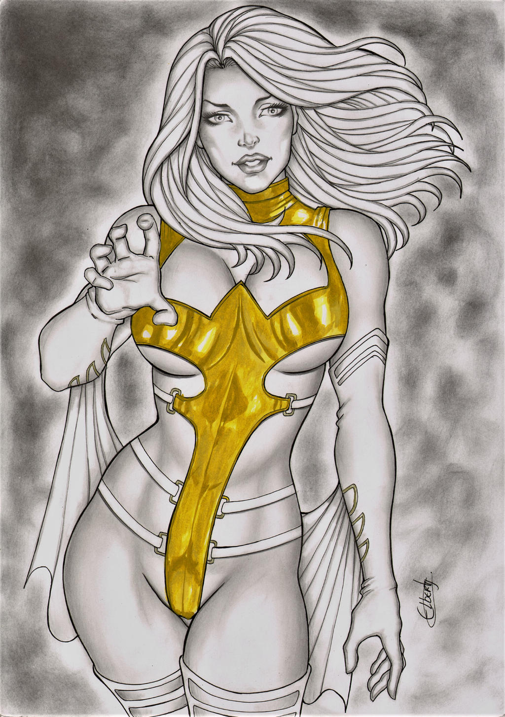 big_breasts breasts cameltoe curvy curvy_figure earrings elberty_(artist) emma_frost female female_only hellfire_club hourglass_figure leotard marvel marvel_comics phoenix_five thong_leotard traditional_art traditional_media_(artwork) white_queen x-men