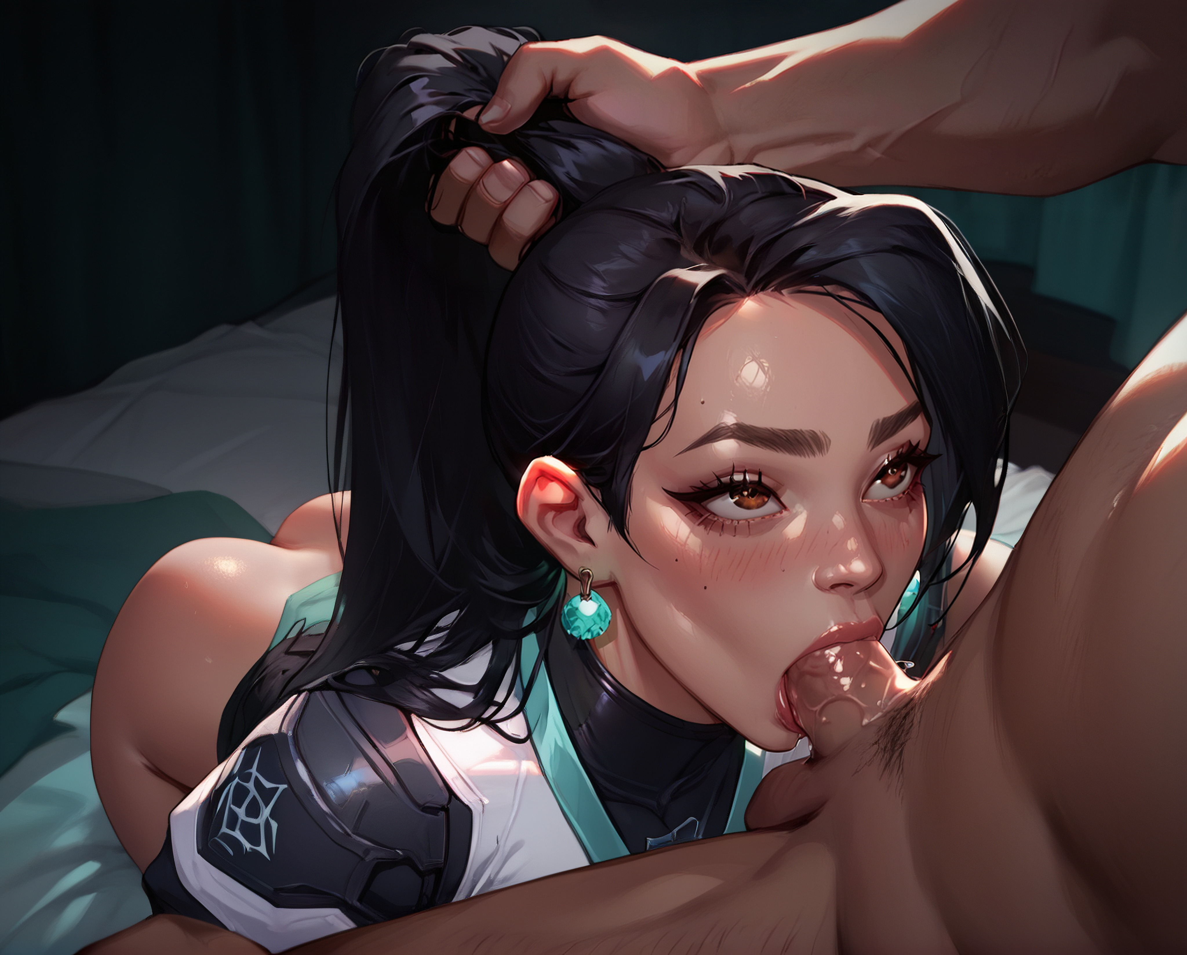 1boy, 1girls, ai generated, black hair, blowjob, clothed sex, deepthroat, female, ling ying wei, long hair, long ponytail, looking up, male, muscular, muscular male, plunger position, ponytail, ponytail hold, pulling hair, riot games, sage (valorant), sloppy blowjob, valorant