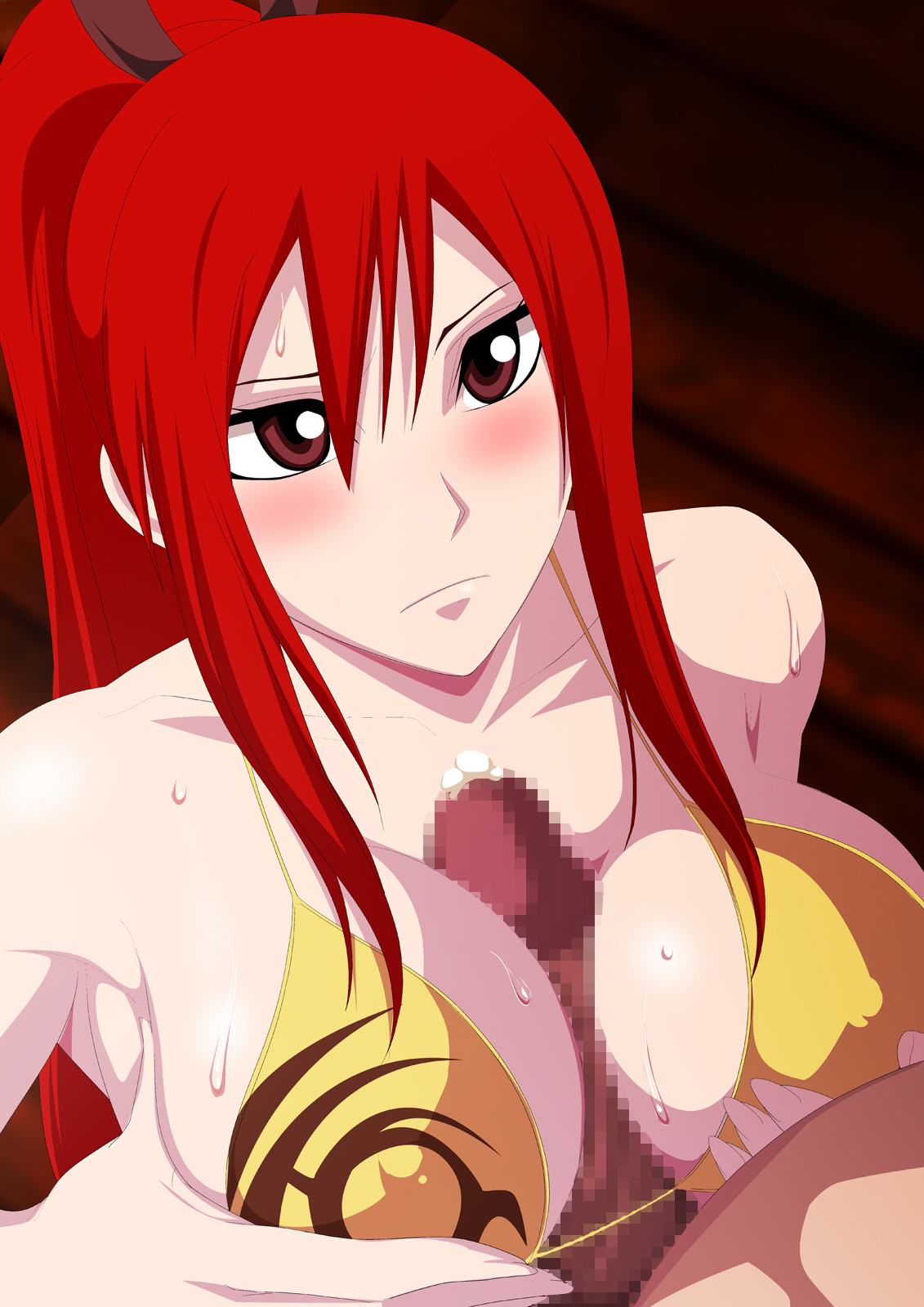 1boy, 1girls, bikini, blush, breasts, censored, erza scarlet, fairy tail, female, human, large breasts, lime (purple haze), male, paizuri, penis, red hair, red-haired female, straight, swimsuit