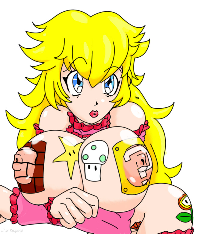 artist_request beige_skin breasts color female female_only fire_flower front_view human mario_(series) nintendo princess_peach solo starman_(mario) super_mario_bros. tagme tattoo