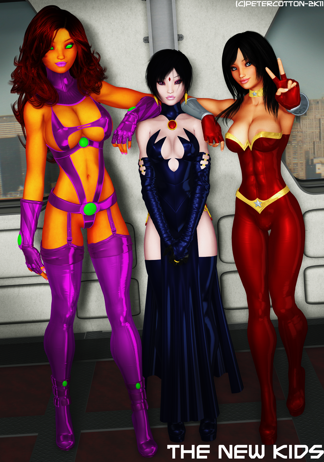 3d 3girls areola areola_slip breasts dc dc_comics donna_troy female female_only garter_belt koriand'r multiple_girls navel petercotton rachel_roth raven_(dc) starfire stockings teen_titans thighhighs wonder_girl wonder_woman_(series)