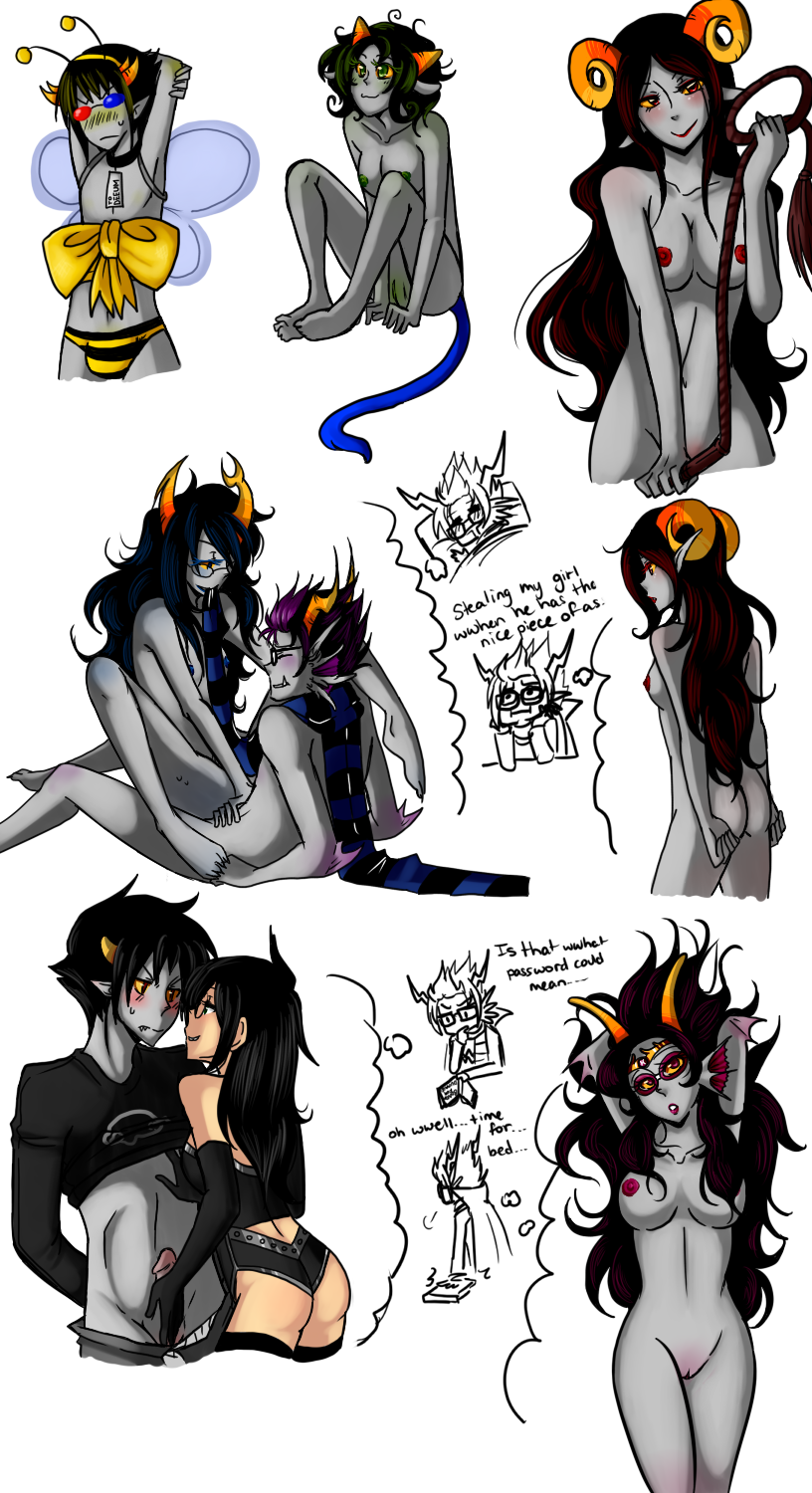 3boys 5girls alien/human ambiguous_penetration antennae aradia_megido ass black_hair blue_eyes blue_lips blue_nipples blush bow breasts closed_eyes collar crown embarrassed eridan_ampora evy feferi_peixes female fins glasses gloves goggles green_eyes green_nipples green_pussy grey_skin hand_on_penis hands_behind_head headband homestuck horns jade_harley karkat_vantas long_hair looking_at_viewer male ms_paint_adventures nepeta_leijon nipples panties pink_eyes pink_lips pink_nipples pink_pussy pointy_ears purple_highlights pussy red_eyes red_lips red_nipples red_penis red_pussy scarf sharp_teeth shirt_lift short_hair sollux_captor straight tail troll vriska_serket whip white_background white_skin wings yellow_blush