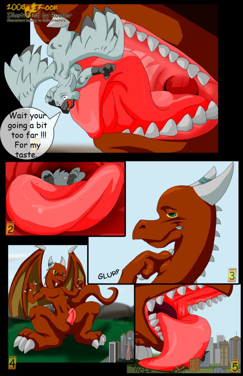 anthro avian dragon feral green_roon gryphon inflation licking macro mouth penis swallowing tasting tongue vore warm_colors