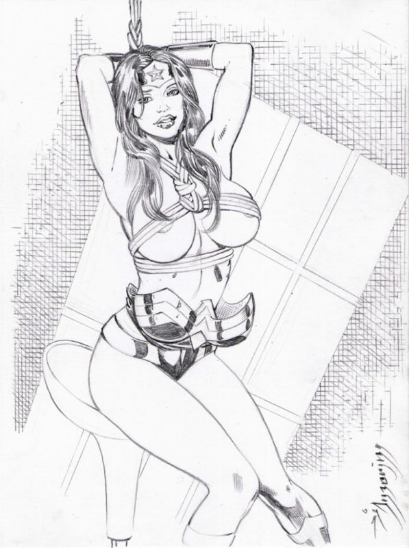 amorim arms_up bondage convenient_censoring dc_comics large_breasts long_hair monochrome rope sitting topless wonder_woman wonder_woman_(series)