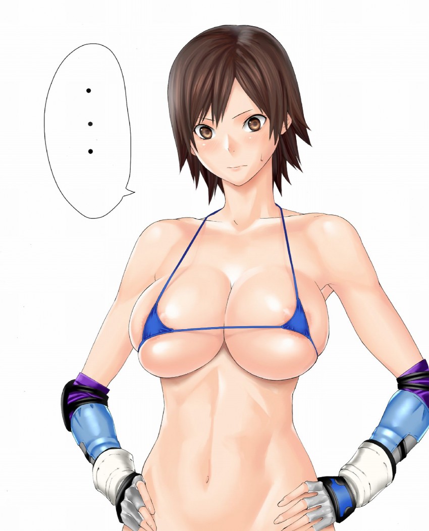 1girls areola_slip areolae bare_arms bare_midriff bare_shoulders bikini_top breast_focus breasts brown_eyes brown_hair clavicle cleavage curvy female female_only fingerless_gloves hiiragi_yuuichi huge_breasts ineffective_clothing kazama_asuka midriff navel short_hair shoulders tekken tetsuo_(tetuo1129) uncensored underboob