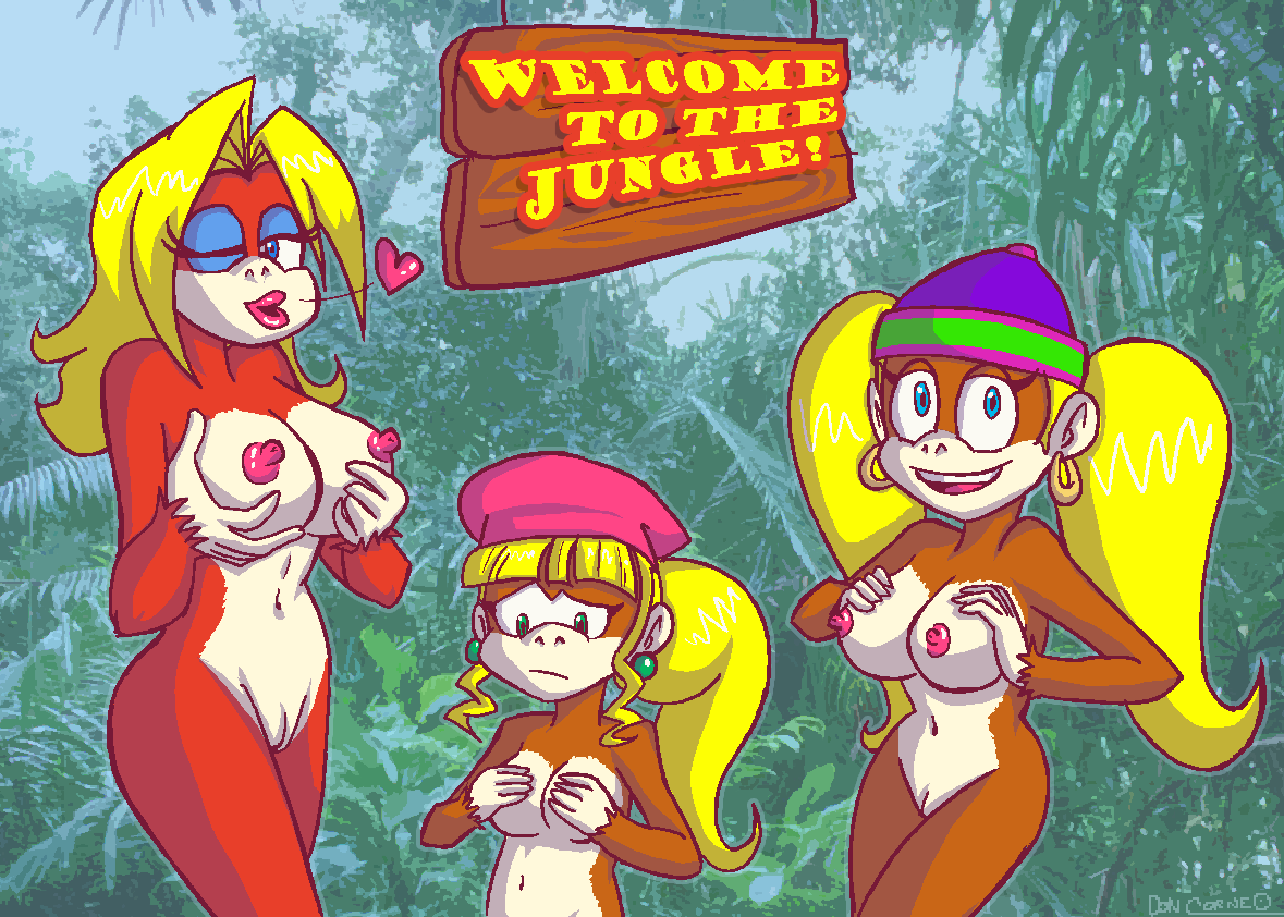 3girls anthro areola blonde_hair blowing_kiss blue_eyes breast_envy breasts busty candy_kong cleavage dixie_kong doncorneo donkey_kong_(series) eyeshadow female female_only furry hoop_earrings kong lipstick multiple_females multiple_girls nintendo nipples siblings sisters small_breasts tied_hair tiny_kong twintails voluptuous wink