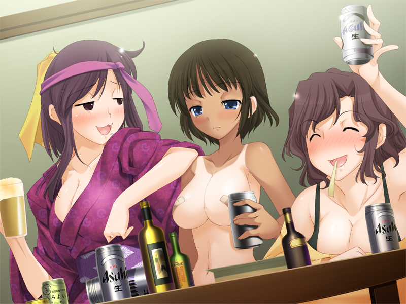 3girls alcohol bandaid bandaids_on_nipples beer blue_eyes blush bottle breasts brown_eyes brown_hair cleavage closed_eyes dark_skin drinking drunk female female_only happy headband human koi_to_mizugi_to_taiyo_to large_breasts liqour liquor long_hair multiple_females multiple_girls nipples nude purple_hair purple_headband short_hair smile smirk tank_top