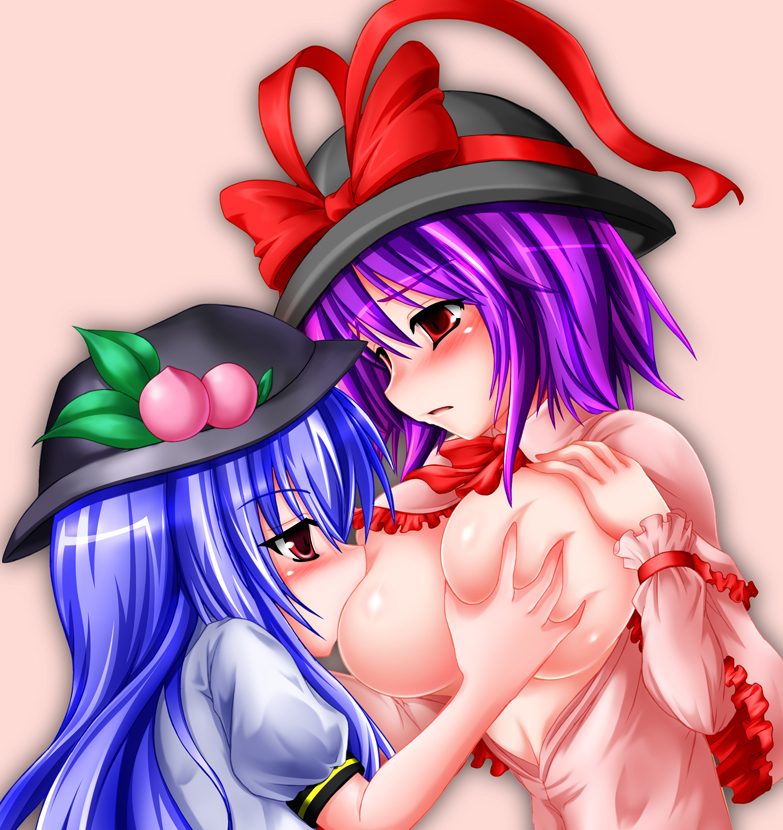 blue_hair blush breast_biting breast_grab breast_sucking breasts female hat huge_breasts iku_nagae lilyl0ve multiple_girls purple_hair red_eyes tenshi_hinanawi touhou yuri