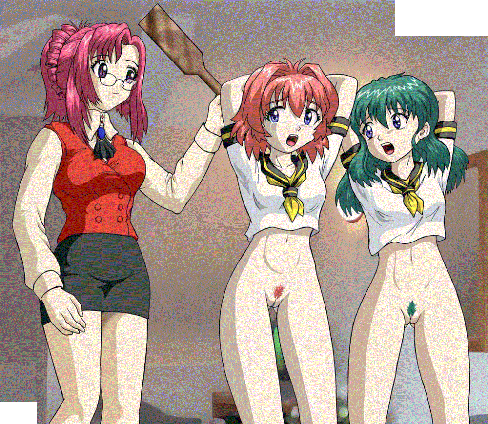 3girls animated arms_above_head blue_eyes bottomless clothing color female glasses green_hair kazami_mikuno kazami_mizuho miyafuji_miina miyafuki_miina multiple_girls no_panties onegai_teacher onegai_twins onodera_karen paddle pink_hair pubic_hair purple_eyes pussy red_hair skirt spanked spanking teacher tear uncensored