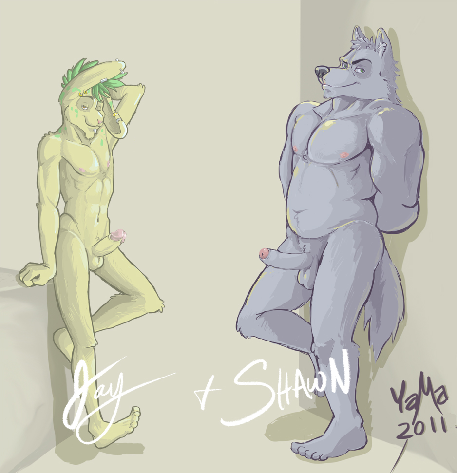 amber_eyes anthro balls canine erection fur furry green_eyes green_hair lagomorph looking_at_viewer male male_only muscles nipples nude penis piercing rabbit seductive uncut wink wolf wolfyama