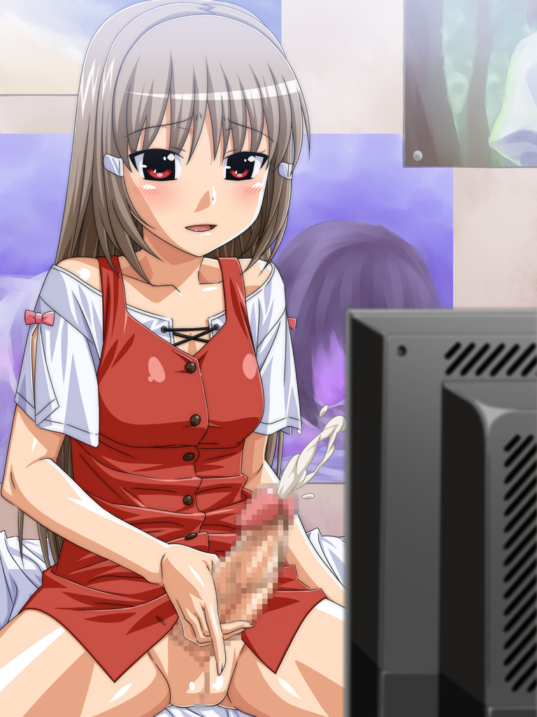 1futa breasts brown_hair censored cum cumming ejaculation futa_only futanari futanari_shoujo_no_shasei_nikki grey_hair hair_ornament hairclip intersex kuga_hajime large_penis long_hair masturbation no_panties penis poster pussy red_eyes short_hair sitting smile solo spread_legs takano_shiori television world_lover