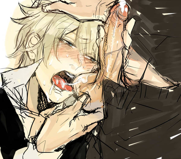 artist_request blonde_hair blue_eyes blush cum durarara!! fellatio hair heiwajima_shizuo male oral penis sketch testicles yaoi