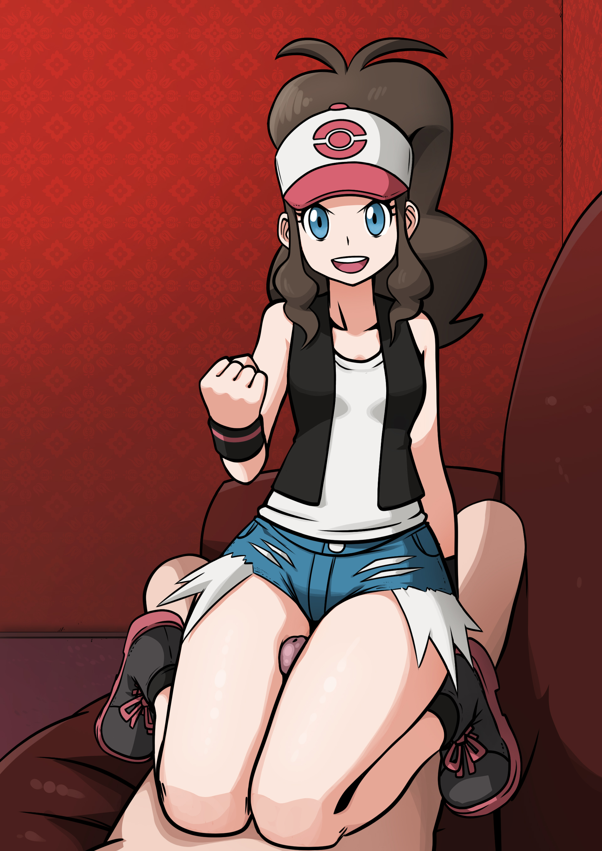1boy, 1girls, alternate version available, blue eyes, bracelet, brown hair, button, carpet, couch, excited, eyebrows, eyelashes, female, fist, hat, hilda (pokemon), jacket, jean shorts, long hair, male, mosbles, naked, penis, penis between thighs, pocket, pokemon, pokemon bw, ponytail, ripped clothing, shoes, short shorts, shorts, sleeveless, socks, sofa, thick thighs, thigh focus, thigh sex, thighs, wallpaper