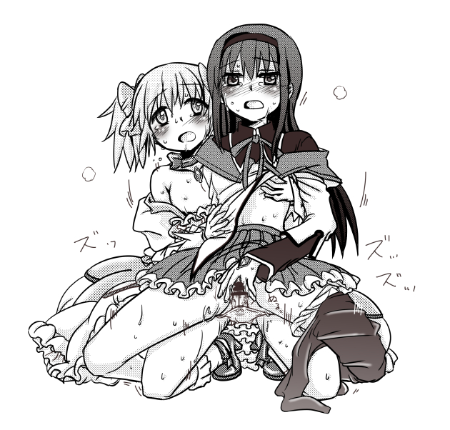 2girls akemi_homura black_hair black_legwear bow breast_grab bubble_skirt choker clothes_pull female flat_chest gloves hairband hairbow high_heels human ichigen long_hair looking_at_another looking_at_viewer madoka_kaname magical_girl mahou_shoujo_madoka_magica monochrome multiple_girls nipples open_clothes pantyhose pantyhose_around_one_leg pantyhose_pull pussy shirt_lift short_hair short_twintails simple_background skirt skirt_lift spread_pussy tied_hair twintails white_background yuri