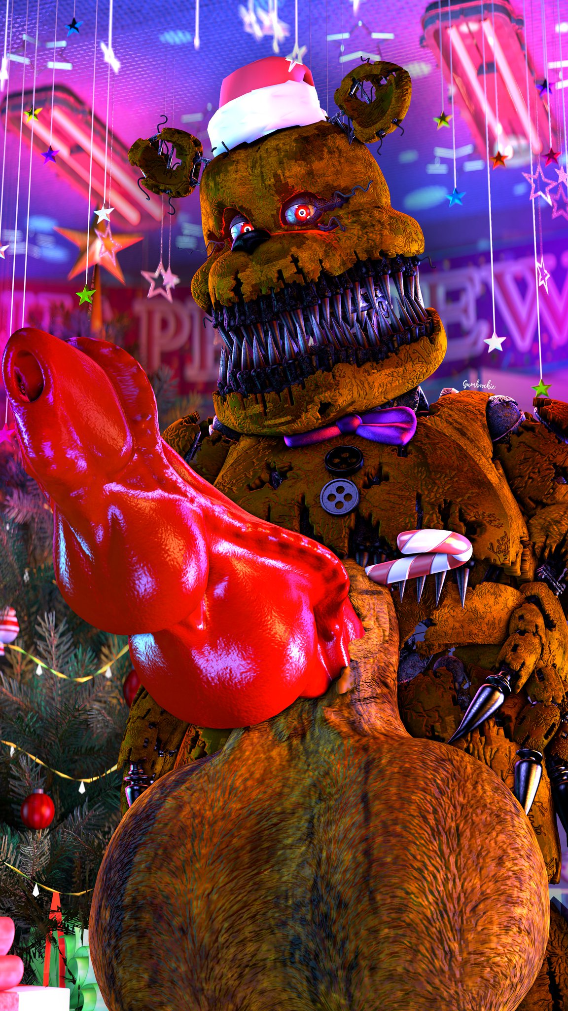 2022 animal_genitalia animal_penis animatronic bear big_cock big_fangs big_penis bow_tie bowtie canine_penis christmas christmas_headwear claws exposed_endoskeleton fangs fangs_out finger_claws five_nights_at_freddy's five_nights_at_freddy's_4 gift gift_box gumboochie headgear headwear huge_balls huge_cock huge_testicles hyper_balls hyper_genitalia hyper_penis hyper_testicles ingame_model large_penis long_penis looking_at_viewer machine male male_only nightmare_fredbear_(fnaf) robot scottgames sharp_claws sharp_teeth stomach_mouth thick_penis ursid withered