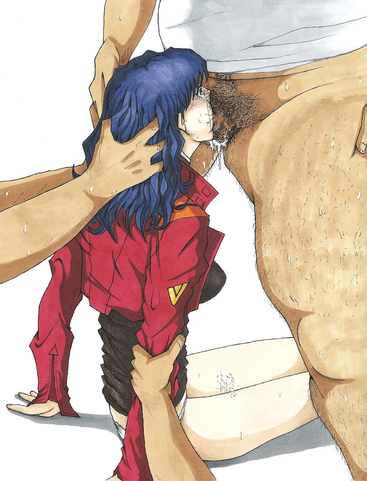 1girls 3boys assisted_rape blue_hair blush clothing cum cum_in_mouth deepthroat fat_man fellatio forced forced_oral hand_on_head highres irrumatio large_breasts lostunicorn marker_(medium) misato_katsuragi neon_genesis_evangelion no_pants oral overflow panties penis pubic_hair rape sweat tear traditional_media uncensored underwear